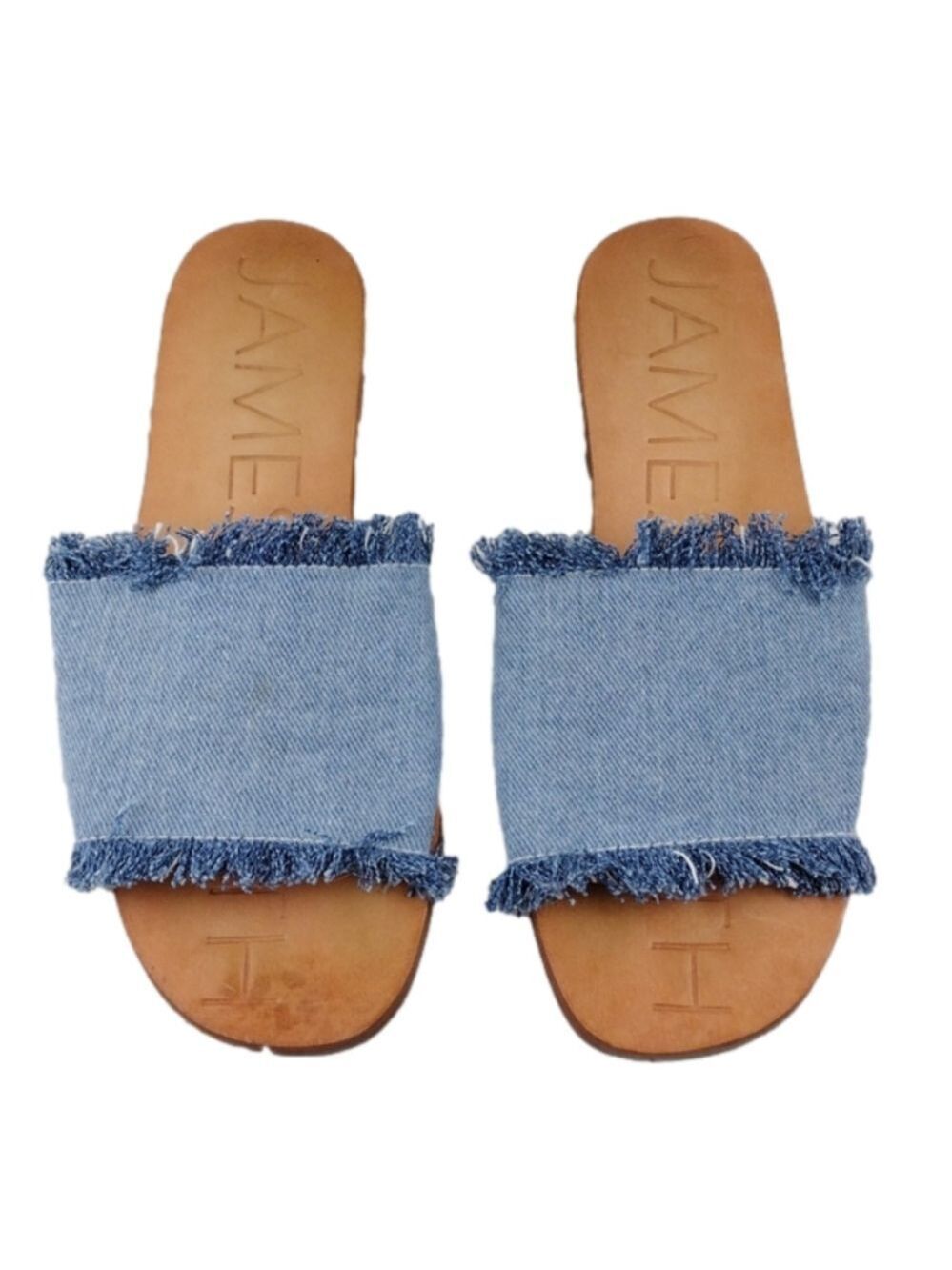 James Smith Blue Leather Fray Denim Fabric Upper Open Toe Slide Flat Sandal Shoe